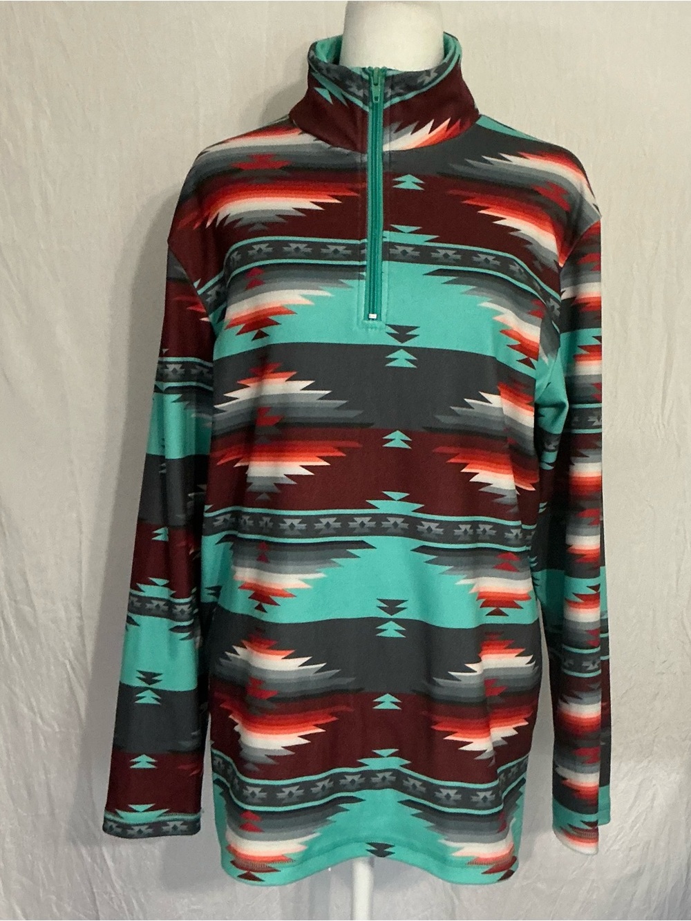 Women's Aztec Quarter-Zip Utility Jacket in Teal and Burgundy